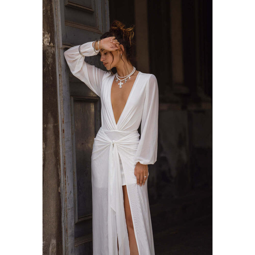 12th Tribe Bella White Mesh Plunge Maxi Dress Size M